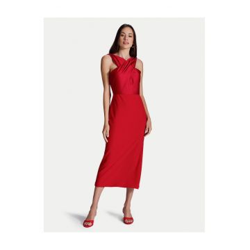 Rochie cocktail  evazata - rosie - poliester - fermoar -