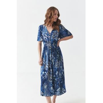 Rochie cu decolteu in V si imprimeu - Alb/Bleumarin