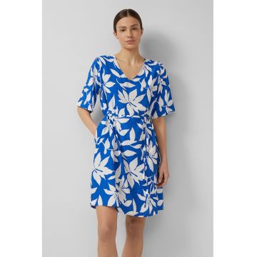 Rochie cu decolteu in V si maneci scurte - Alb/Albastru royal