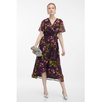 Rochie cu model floral si croiala petrecuta - Verde/Violet/Roz