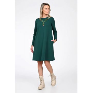 Rochie Dama -  A-Line - cu Pictura Realizata Manual - Verde