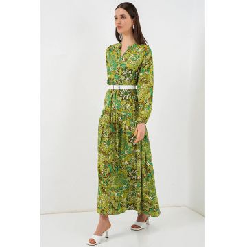 Rochie dama maxi  decolteu in V - verde - viscoza - maneca lunga
