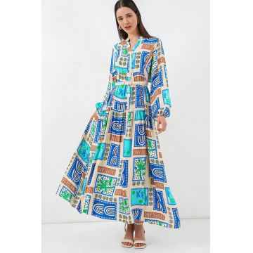 Rochie  decolteu in V - albastru - viscoza - maneca lunga