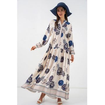 Rochie  decolteu in V - bleumarin - viscoza - maneca lunga