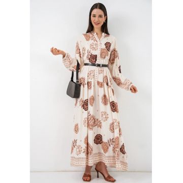 Rochie  decolteu in V - maneca lunga - bej - viscoza