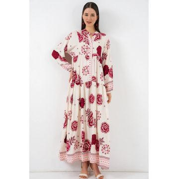 Rochie  decolteu in V - rosu - viscoza - maneca lunga