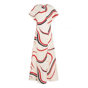 Rochie din amestec de in cu imprimeu abstract - Rosu/Alb fildes/Bleumarin