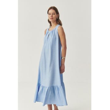 Rochie din amestec de in cu pliuri - fara maneci - Albastru pastel