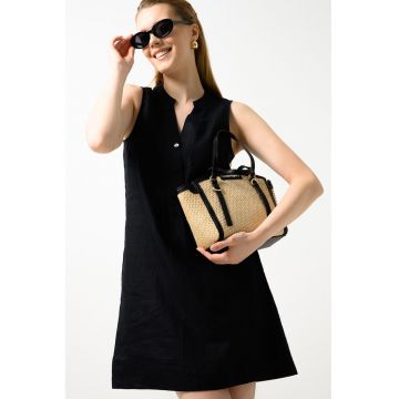 Rochie din in cu buzunare laterale - Negru