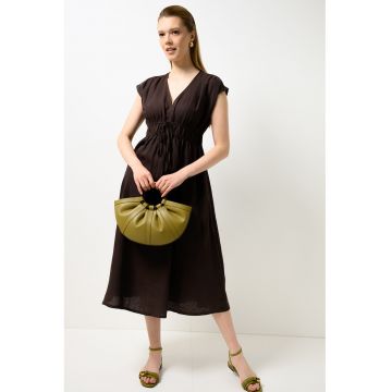Rochie din in cu snur in talie - Maro inchis