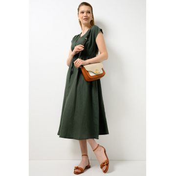Rochie din in cu snur in talie - Verde inchis