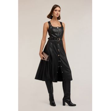 Rochie din piele ecologica cu nasturi si decolteu patrat - Negru