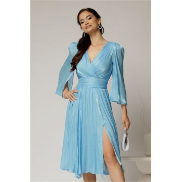 Rochie DY Fashion bleu de ocazie din voal peliculizat cu maneci crapate