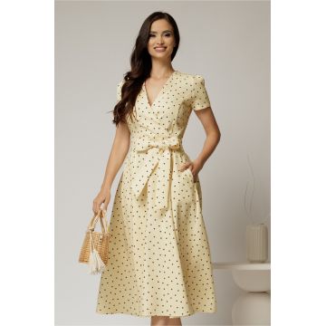 Rochie DY Fashion galbena cu buline cu decolteu petrecut si cordon in talie