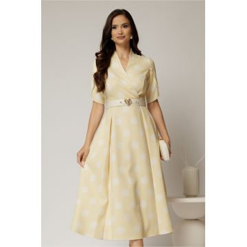 Rochie DY Fashion galbena cu buline cu decolteu si maneci petrecute