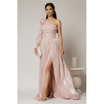 Rochie DY Fashion roz pe un umar cu detaliu floral amplu din voal peliculizat
