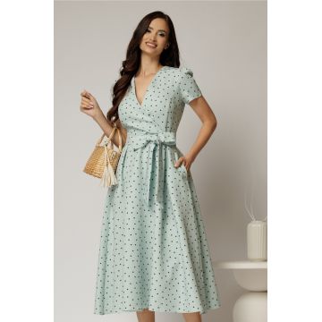 Rochie DY Fashion verde menta cu buline cu decolteu petrecut si cordon in talie