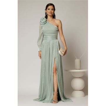 Rochie DY Fashion verde mint pe un umar cu detaliu floral amplu din voal peliculizat