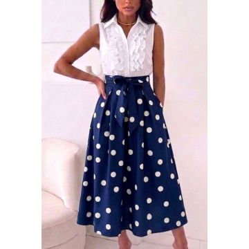 Rochie eleganta cu buline NORINE, funda in talie si buzunare, Bleumarin, Marime S/M/L
