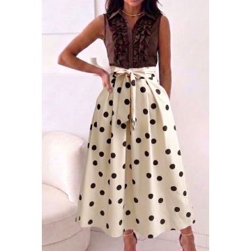Rochie eleganta cu buline NORINE, funda in talie si buzunare, Crem, Marime S/M/L
