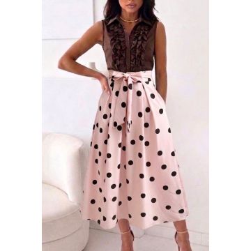 Rochie eleganta cu buline NORINE, funda in talie si buzunare, Roz, Marime S/M/L
