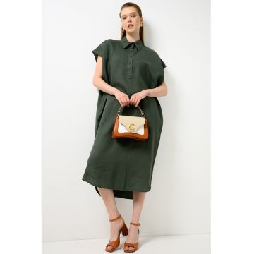 Rochie lejera din in cu croiala asimetrica si buzunare laterale - Verde inchis