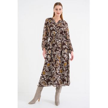 Rochie lunga cu imprimeu floral - Alb/Maro inchis/Galben mustar