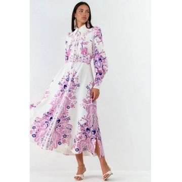 Rochie Maxi -  A-Line - imprimeu Paisley - multicolor - maneca lunga - guler tip camasa