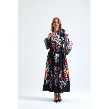 Rochie maxi -  A-Line - multicolor - imprimeu floral - maneca lunga - decolteu in V - cu cordon