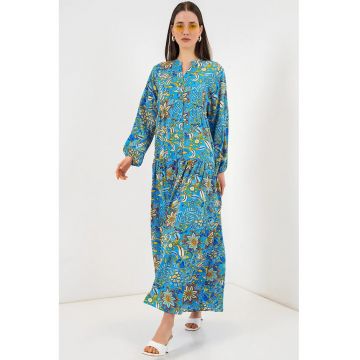Rochie Maxi -  Albastru - decolteu in V - maneca lunga - viscoza