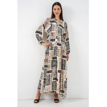 Rochie maxi  bej - viscoza - maneca lunga