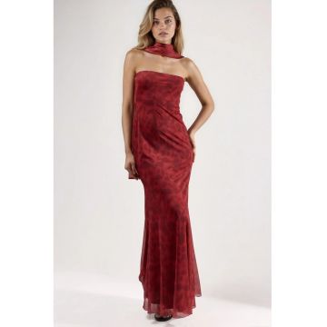 Rochie maxi bodycon  imprimeu floral - rosu - tul - fara bretele