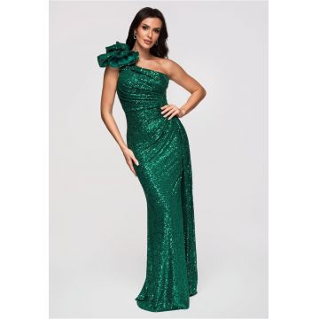 Rochie maxi cu decolteu asimetric si aplicatie florala - Verde