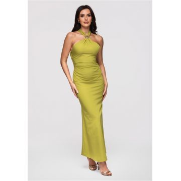 Rochie maxi cu decolteu halter si material elastic - Verde