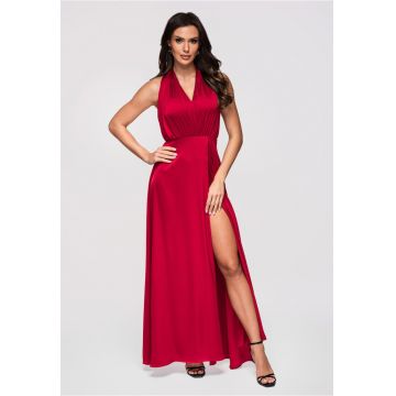 Rochie maxi cu decolteu halter si material satinat - Rosu -