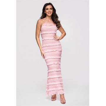 Rochie maxi cu detalii plisate si bretele subtiri - Roz