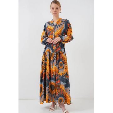 Rochie maxi  cu imprimeu - decolteu in V - maneca lunga - multicolor - viscoza