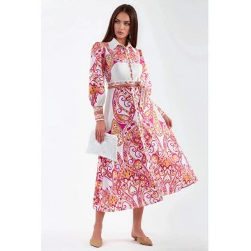 Rochie Maxi -  cu imprimeu - maneca lunga - poliester/lycra - Alb/Roz