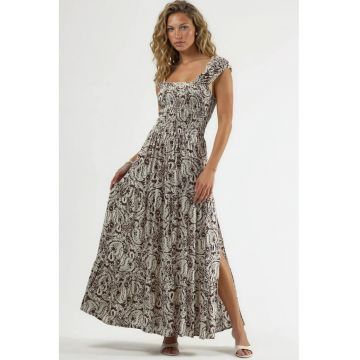 Rochie Maxi  cu imprimeu Paisley - decolteu patrat - culoare maro - viscoza