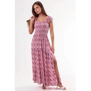 Rochie Maxi  cu imprimeu Paisley - decolteu patrat - roz - viscoza