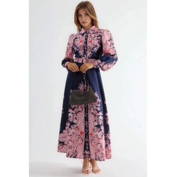 Rochie Maxi -  cu imprimeu - poliester - cu cordon - roz/bleumarin