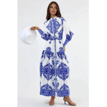 Rochie maxi -  cu maneca lunga - poliester/lycra - alb/albastru