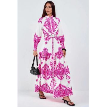 Rochie maxi -  cu maneca lunga - poliester/lycra - alb/roz