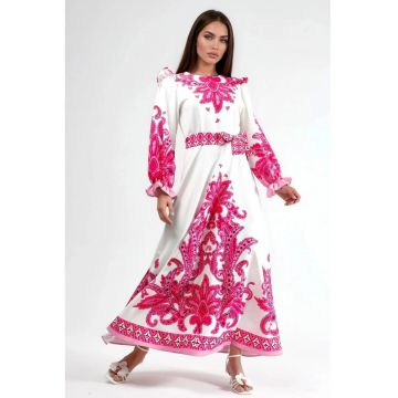Rochie Maxi -  cu maneca lunga - poliester si lycra - alb/roz