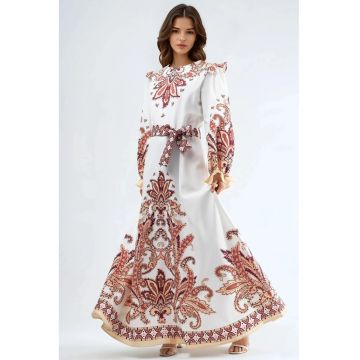 Rochie maxi - cu maneci lungi - poliester/lycra - alb/bej