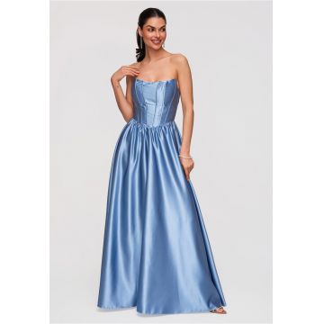 Rochie maxi de seara - croi elegant - material satinat - cu bretele ajustabile - Albastru