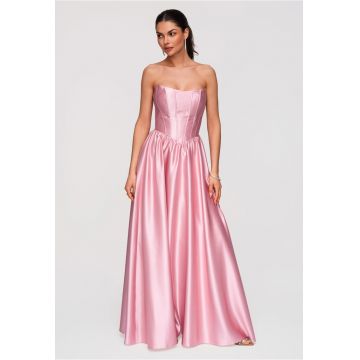 Rochie maxi de seara - croi elegant - material satinat - cu bretele ajustabile - Roz