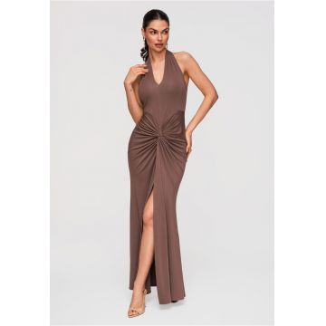 Rochie maxi de seara - croiala mulata - cu decolteu halter si detalii drapate - Maro