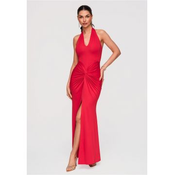 Rochie maxi de seara - croiala mulata - cu decolteu halter si detalii drapate - Rosu