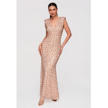 Rochie Maxi de Seara cu Paiete Elegante - Croiala Slim-Fit - Bej